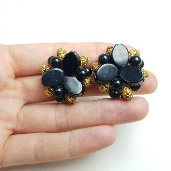 Vintage Retro Black Beaded Cluster Clip On Earrings, Retro Estate - Picture 6 of 6
